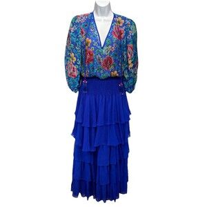 Diane Freis Vintage Silk Prairie Boho Floral Maxi Dress Blue Tiered Smocked